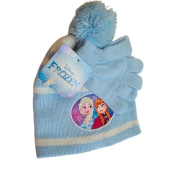 DISNEY Girls Frozen Elsa Blue Striped Pom Pom Knit Warm Winter Hat and Glove Set - Picture 3 of 5
